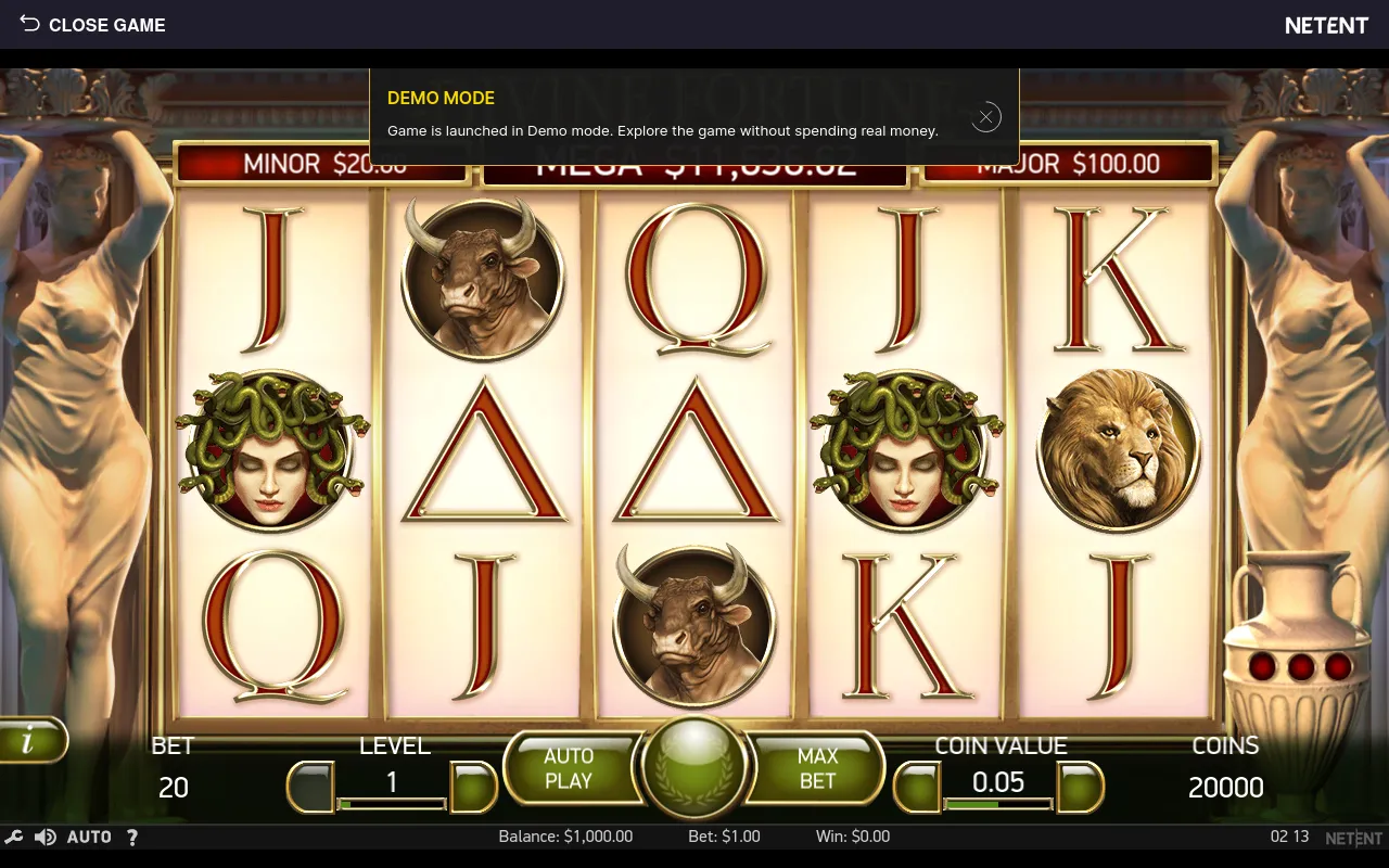 Divine Fortune loaded on the 5x3 Greek-mythology reels with the three jackpot bars above and a $1,000.00 starting balance