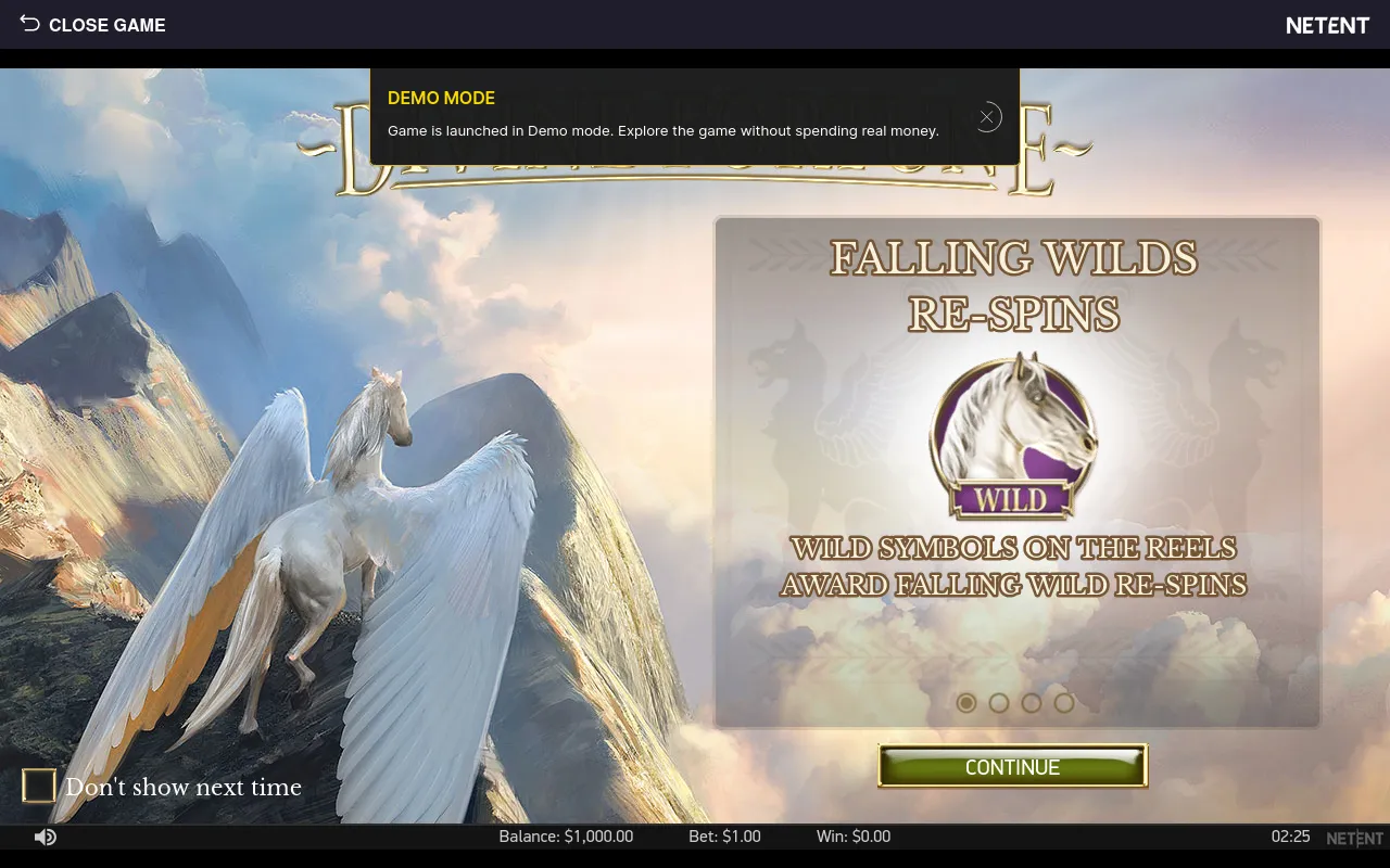 Divine Fortune intro card explaining the Falling Wilds Re-spins feature triggered by Pegasus wild symbols