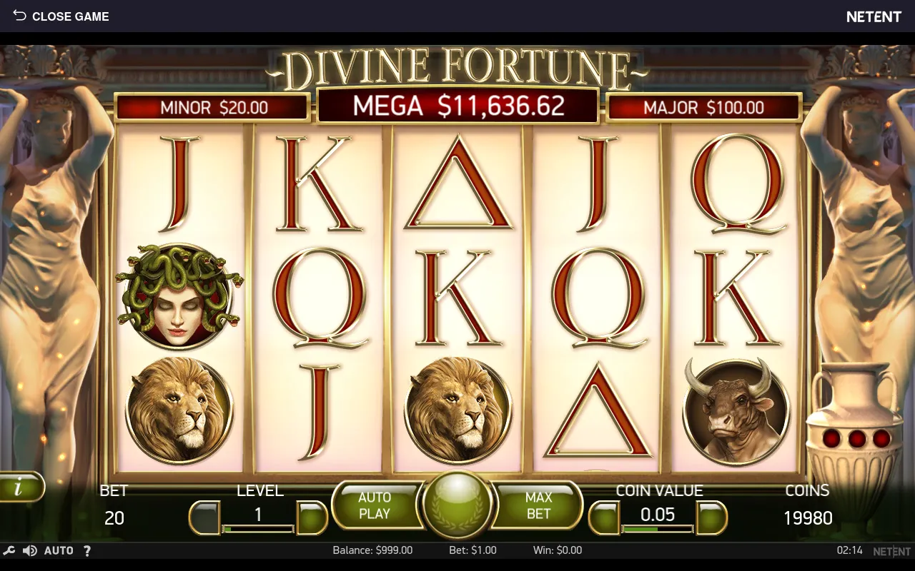 Settled base-game grid with Medusa and lion symbols and a MEGA meter reading $11,636.62 above the reels