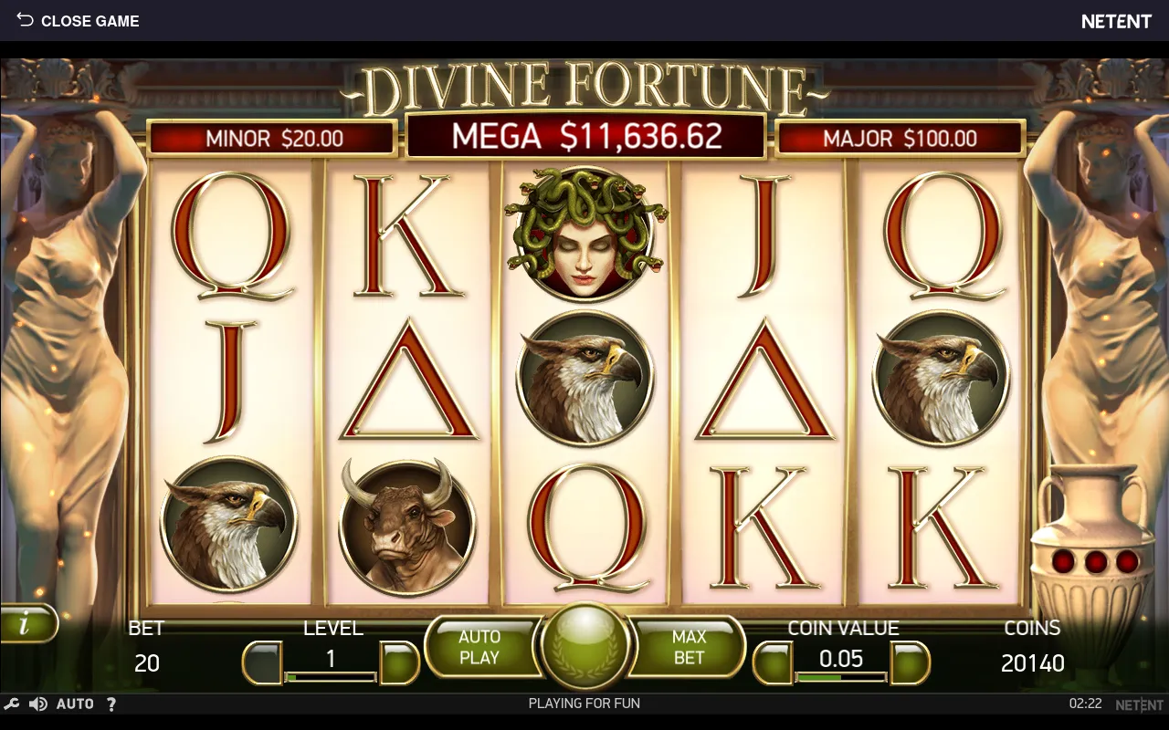 Settled base-game grid showing the four Greek-mythology picture symbols across the five reels