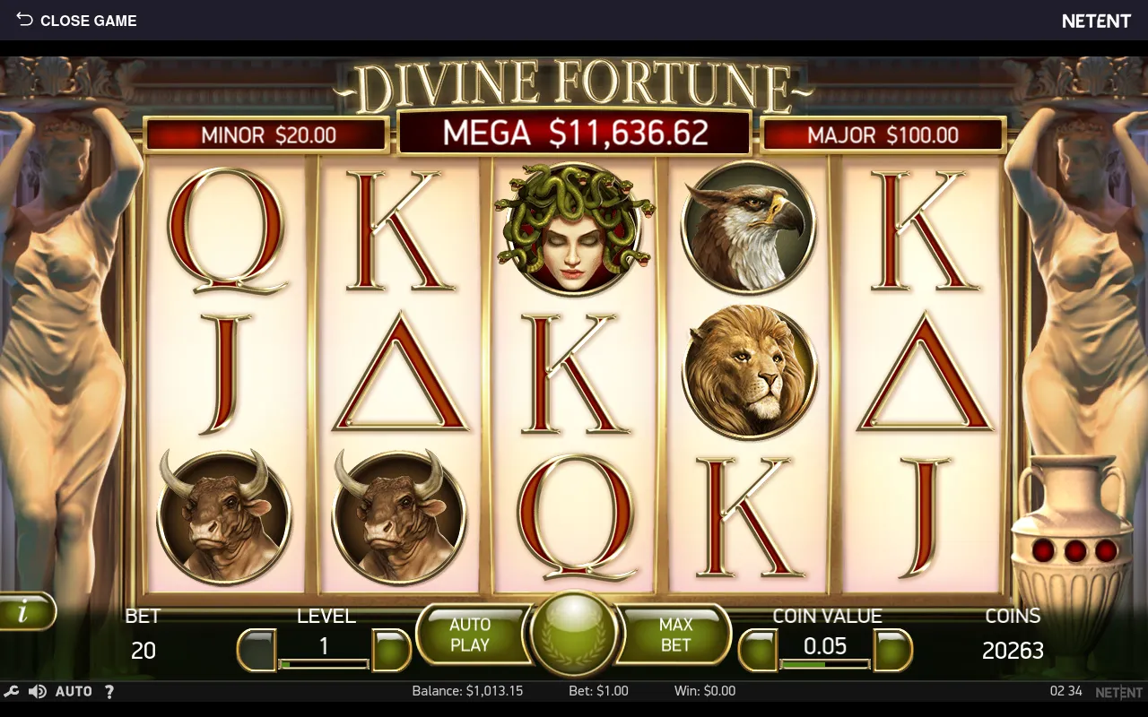 Base-game grid late in the run with on-screen balance $1,013.15 and the Greek-deity symbol set