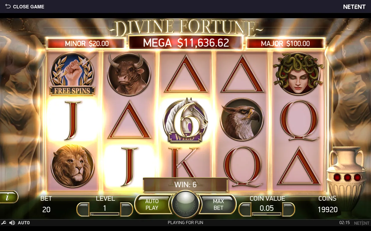 Base-game 6-coin win with a Pegasus wild landed on the reels and a FREE SPINS scatter visible on reel one