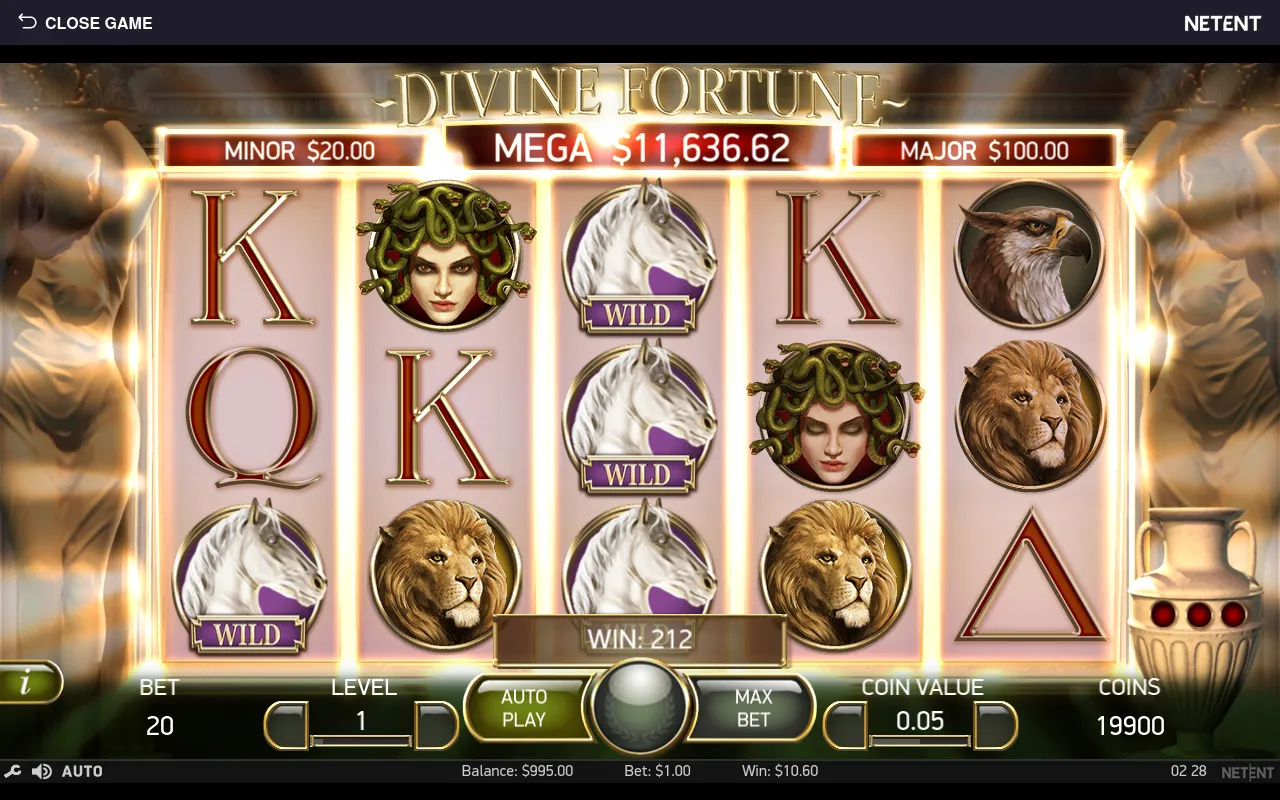 Largest base-game win of the session, 212 coins ($10.60) driven by stacked Pegasus wilds during a Falling Wilds re-spin