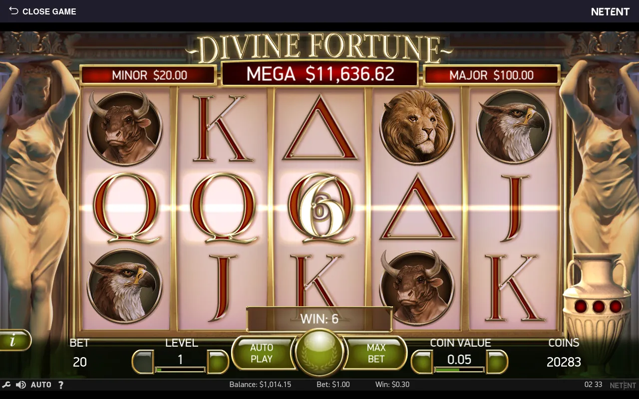 Small 6-coin base-game win on a settled grid with on-screen balance $1,014.15