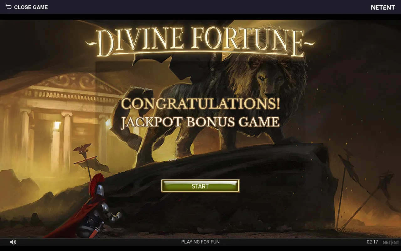 Jackpot Bonus Game intro screen with CONGRATULATIONS / JACKPOT BONUS GAME and a START button