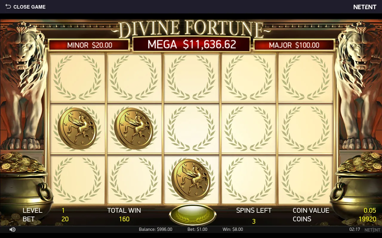 Bonus grid in progress with Pegasus coins locked in and TOTAL WIN climbing to 160 with three spins still on the counter