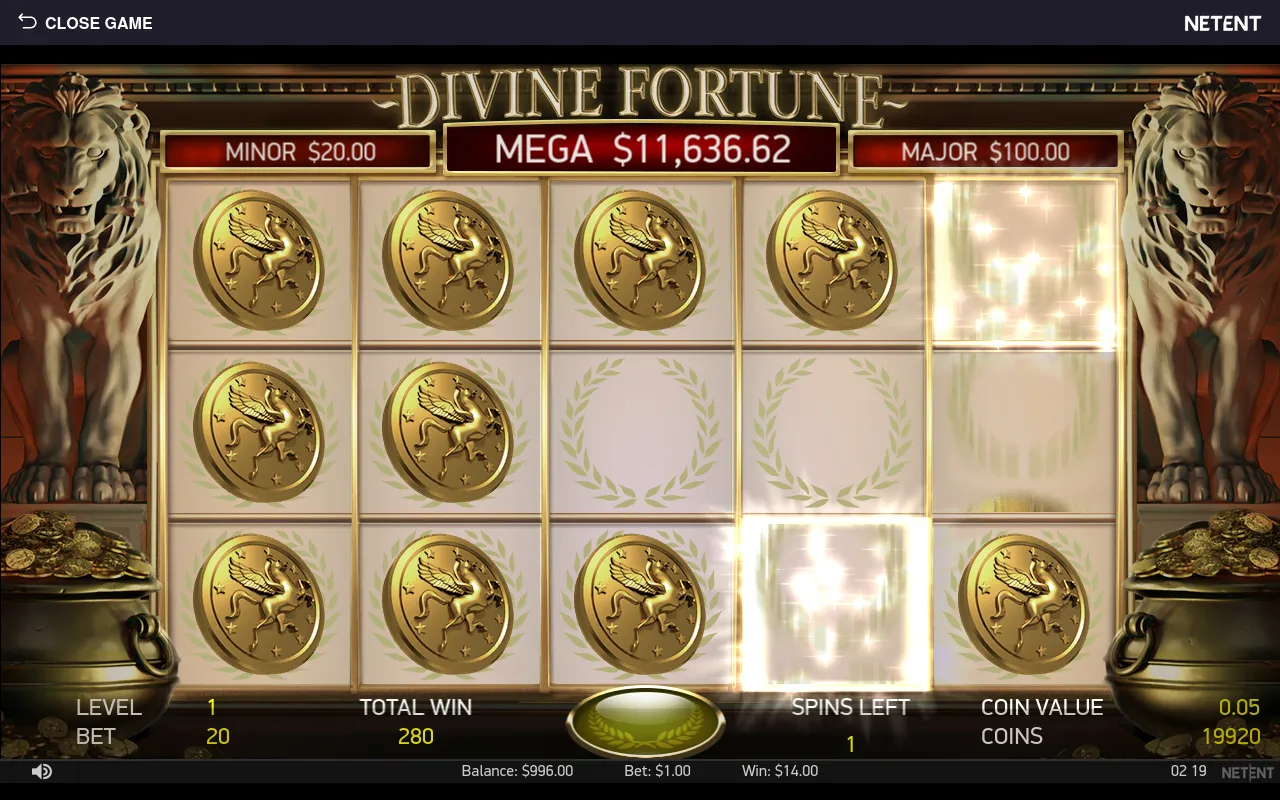 Late in the bonus round with a near-full row of Pegasus coins and TOTAL WIN at 280 with one spin remaining