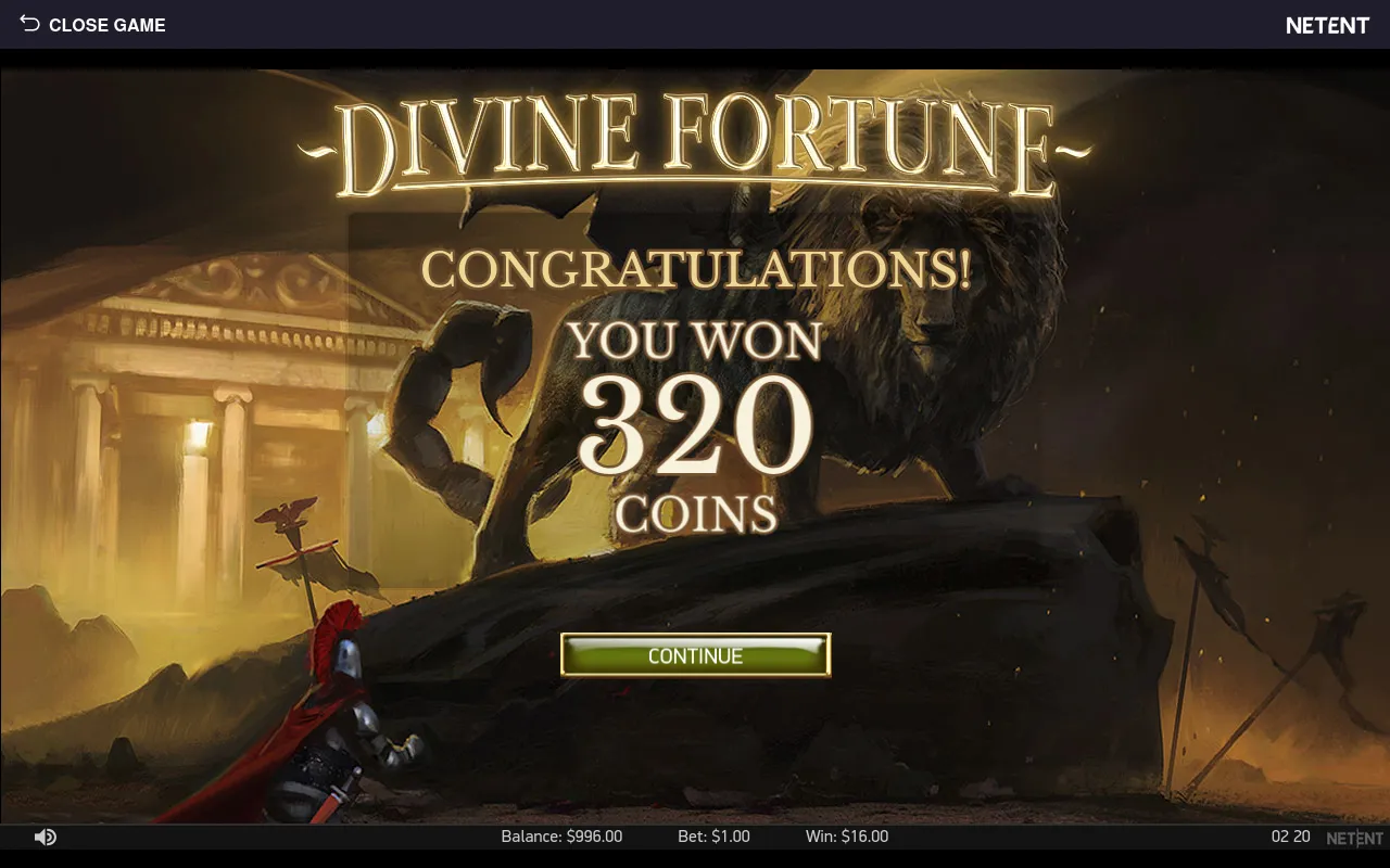 Bonus payout summary, CONGRATULATIONS YOU WON 320 COINS ($16.00) closing the Jackpot Bonus Game
