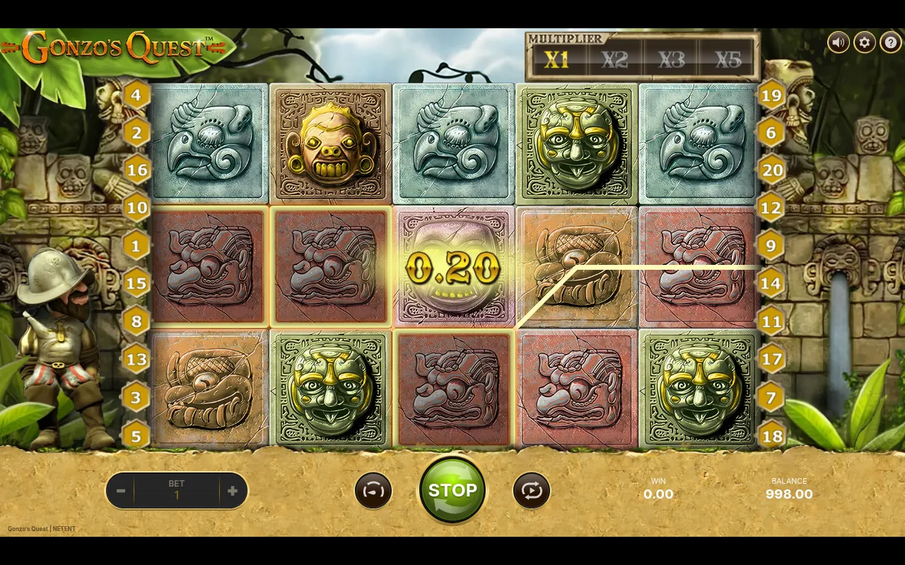 The Gonzo's Quest base game on its 5x3 Aztec stone-glyph grid with the X1-X5 Avalanche multiplier ladder along the top and a 0.20 line win showing in the panel