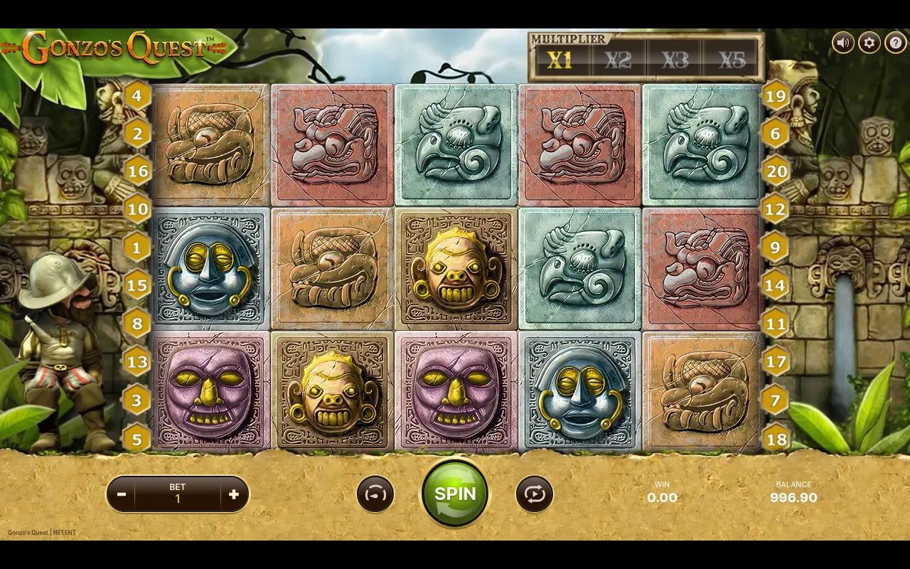 Gonzo's Quest base-game grid settled on carved mask and serpent glyphs after a non-winning spin, the multiplier reset to X1