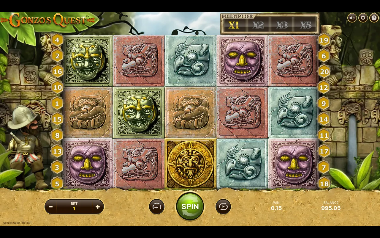 A golden Aztec sun wild glyph landed on the centre reel of the Gonzo's Quest base game, surrounded by green and purple mask symbols