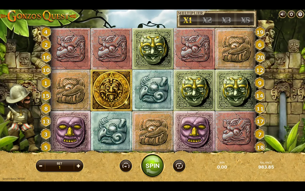 A settled base-game grid late in the run with the golden Aztec sun wild on the centre reel and a varied stone-glyph layout around it