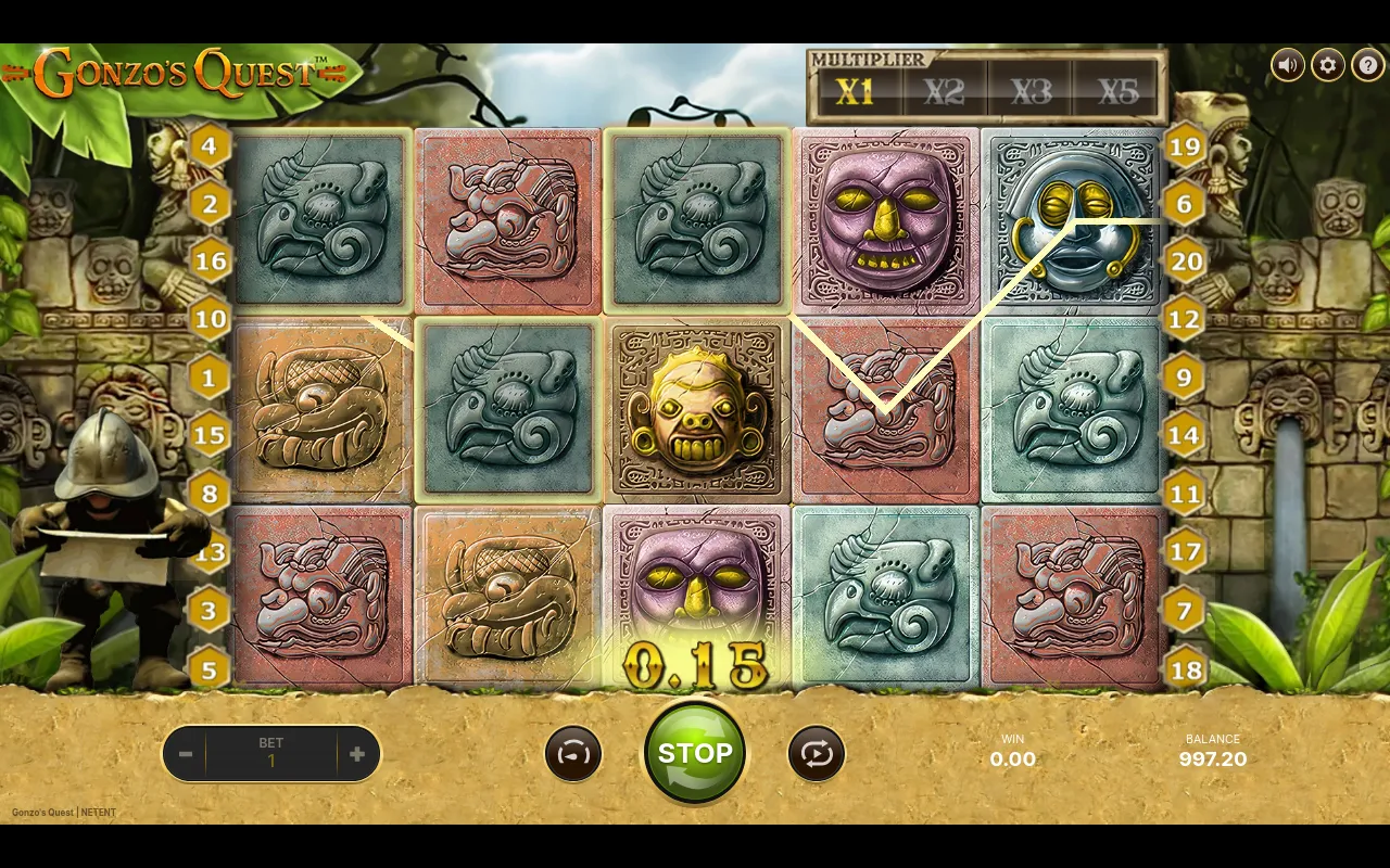 A 0.15 winning line through the golden monkey and skull mask glyphs on the Gonzo's Quest grid, win line highlighted across the rows