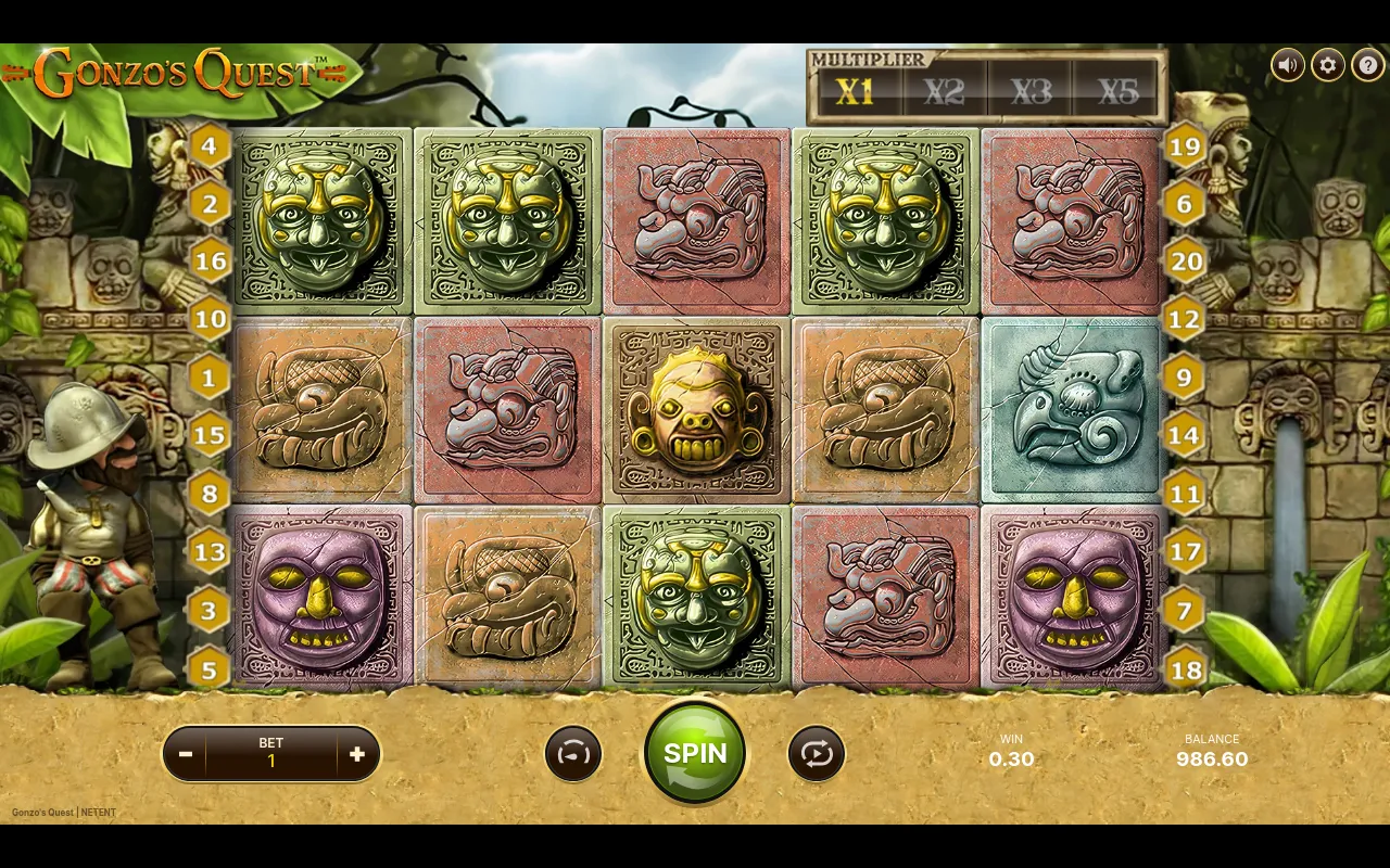 A 0.30 settled win on Gonzo's Quest with the board topped by rows of golden glyphs ready for the next spin