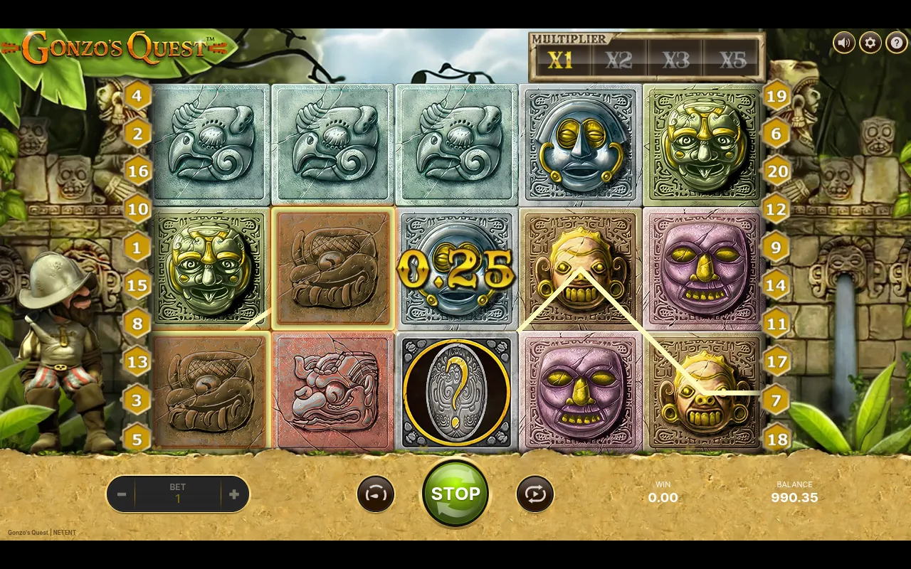 A multi-line 0.25 win on Gonzo's Quest with a question-mark wild stone in the bottom row connecting green and purple mask symbols