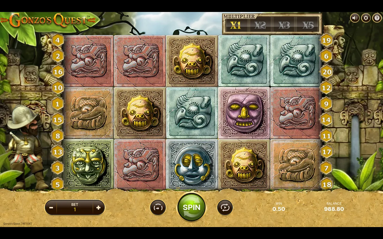 A 0.50 base-game win on Gonzo's Quest with the golden sun and skull wilds landing across the centre of the grid