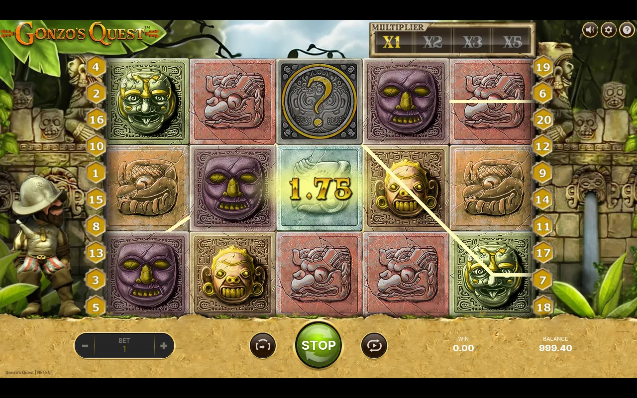 The largest single base-game win observed at 1.75 on Gonzo's Quest, with a question-mark wild glyph driving multiple highlighted win lines