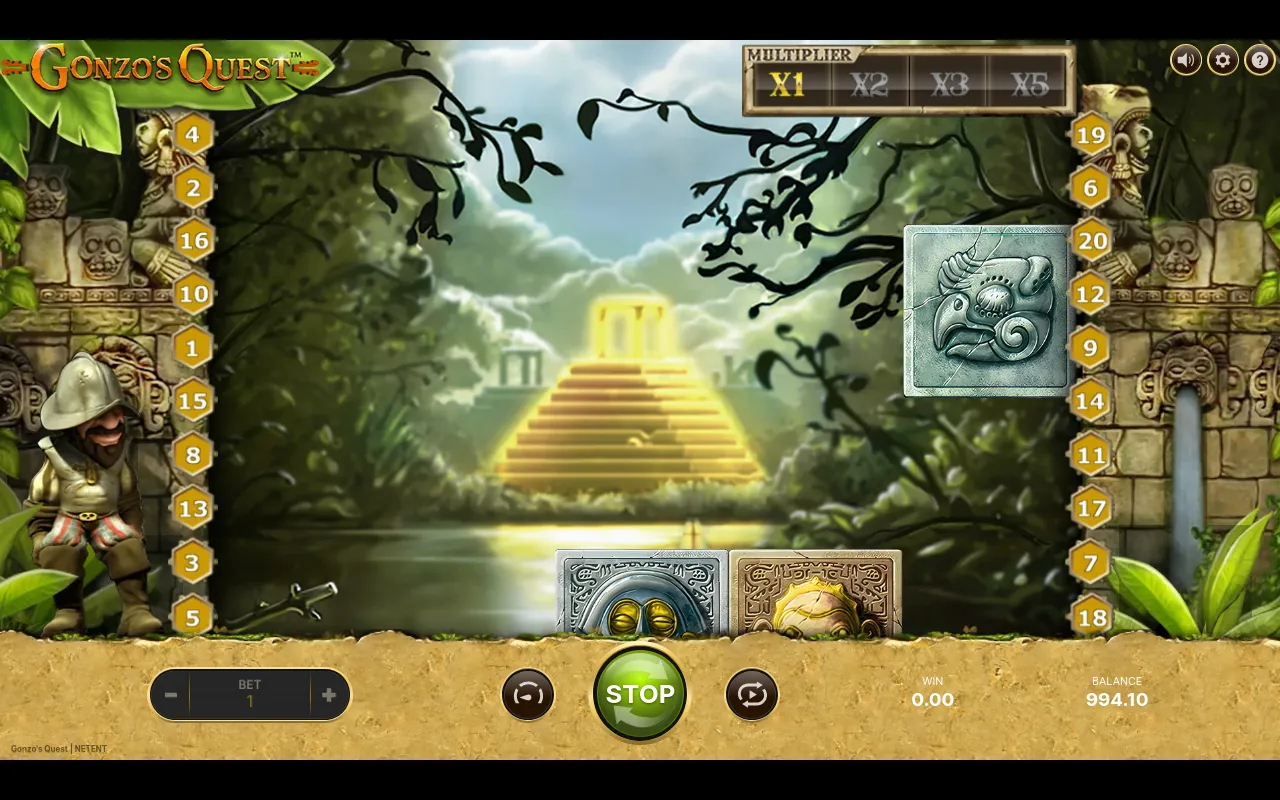 The Free Falls arena background on Gonzo's Quest showing the jungle pyramid scene where falling symbols replace spinning reels during the bonus round