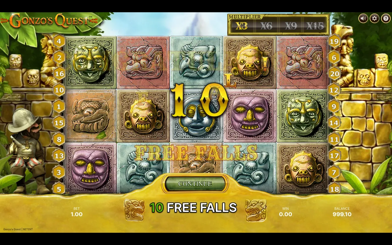 The Free Falls bonus triggered on Gonzo's Quest, with a 10 FREE FALLS banner and the boosted X3/X6/X9/X15 multiplier ladder lit at the top of the screen