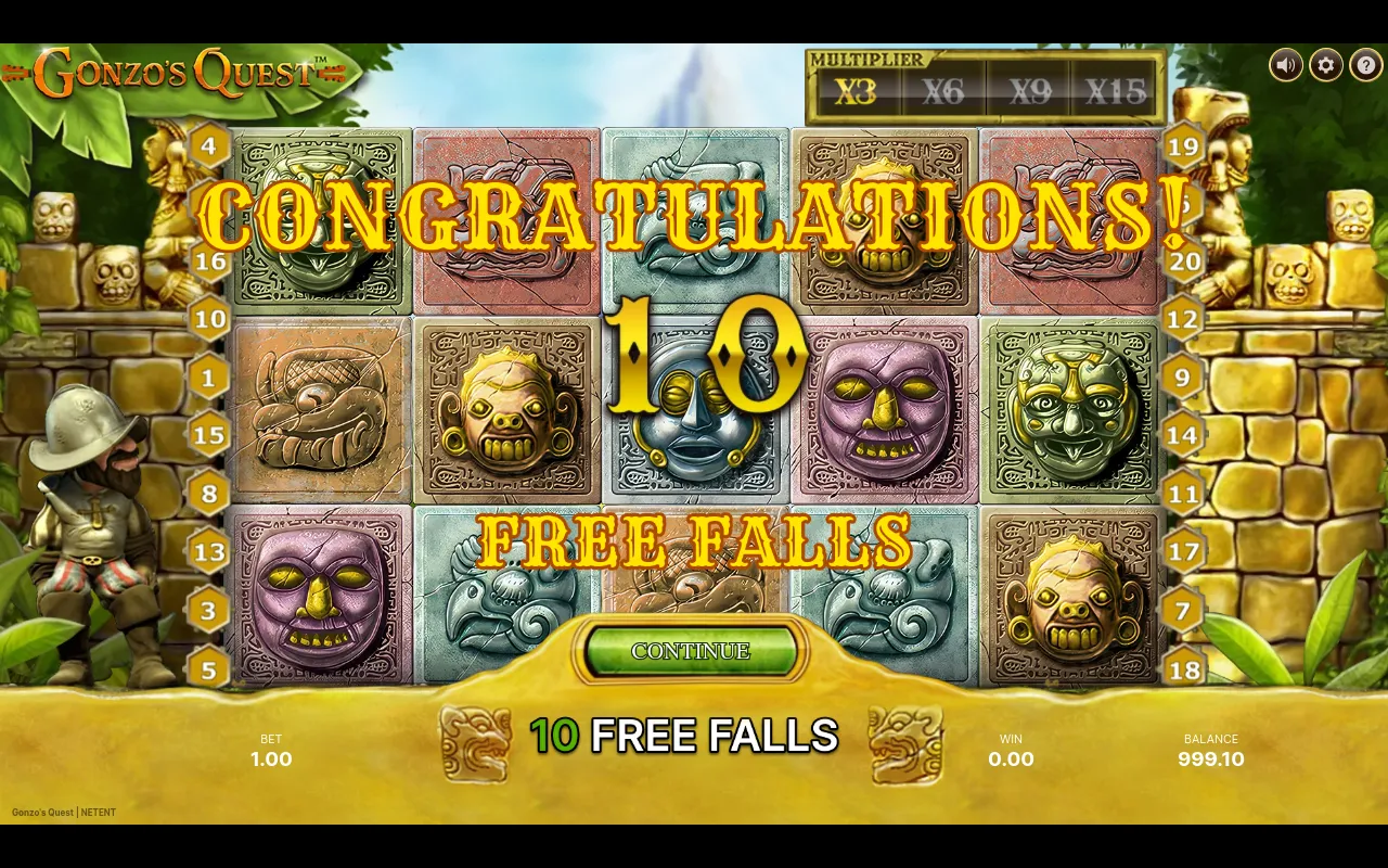The Free Falls award screen on Gonzo's Quest reading CONGRATULATIONS 10 FREE FALLS with the X3 to X15 bonus multiplier ladder lit across the top