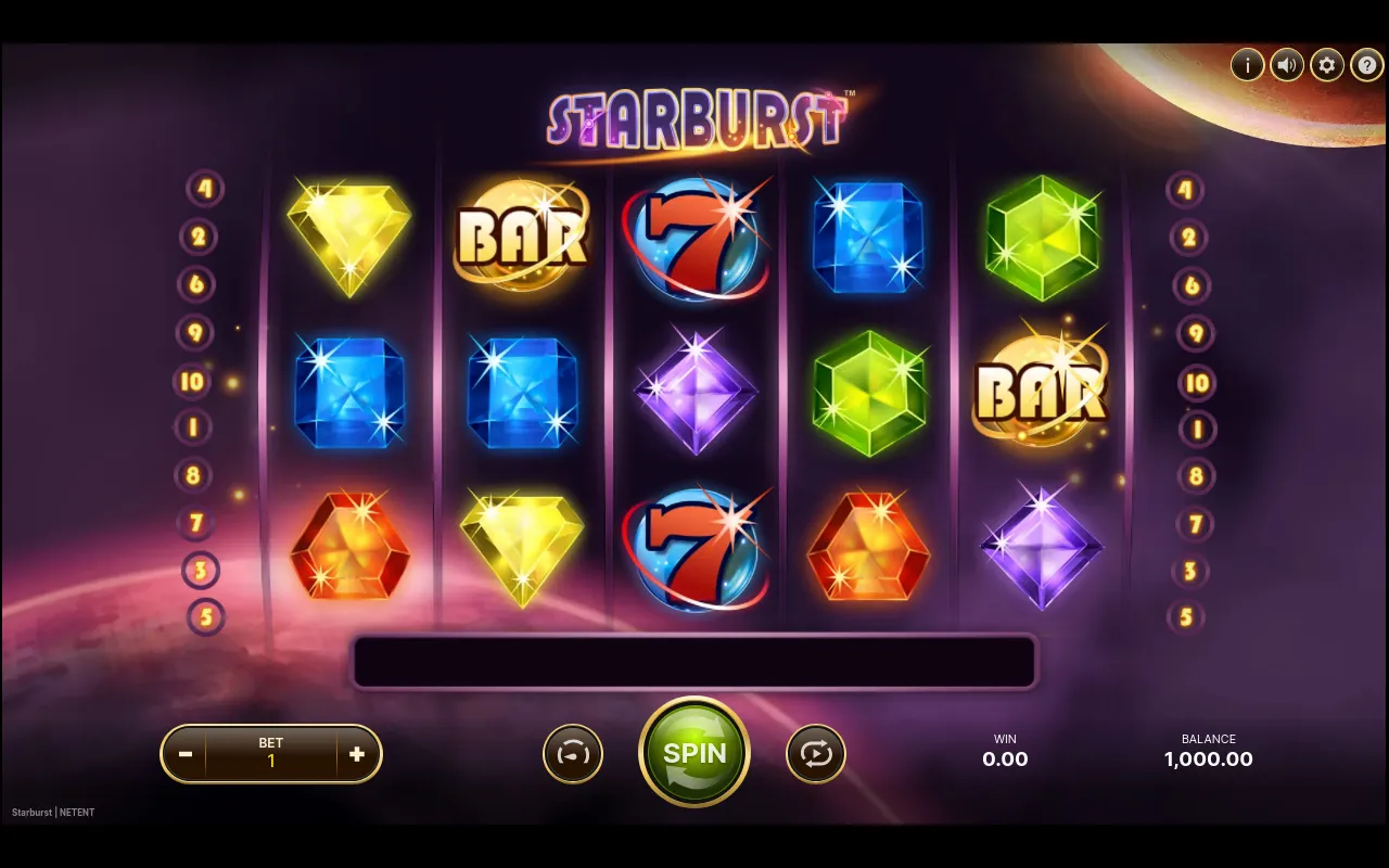 Starburst's idle 5x3 grid showing gem symbols, BAR and red 7 with the SPIN button ready