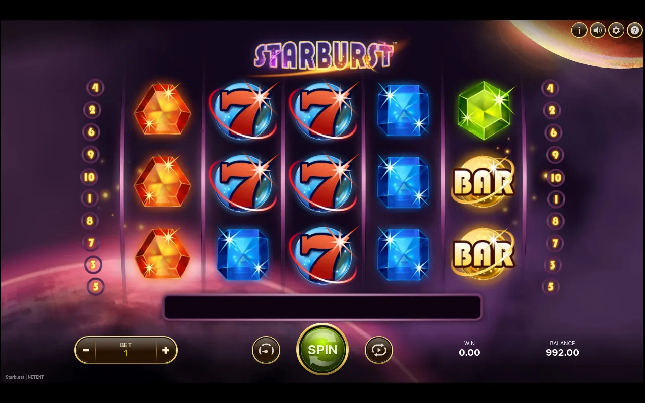 A settled base-game grid with a cluster of red 7s across the middle reels alongside blue gems and twin BAR symbols