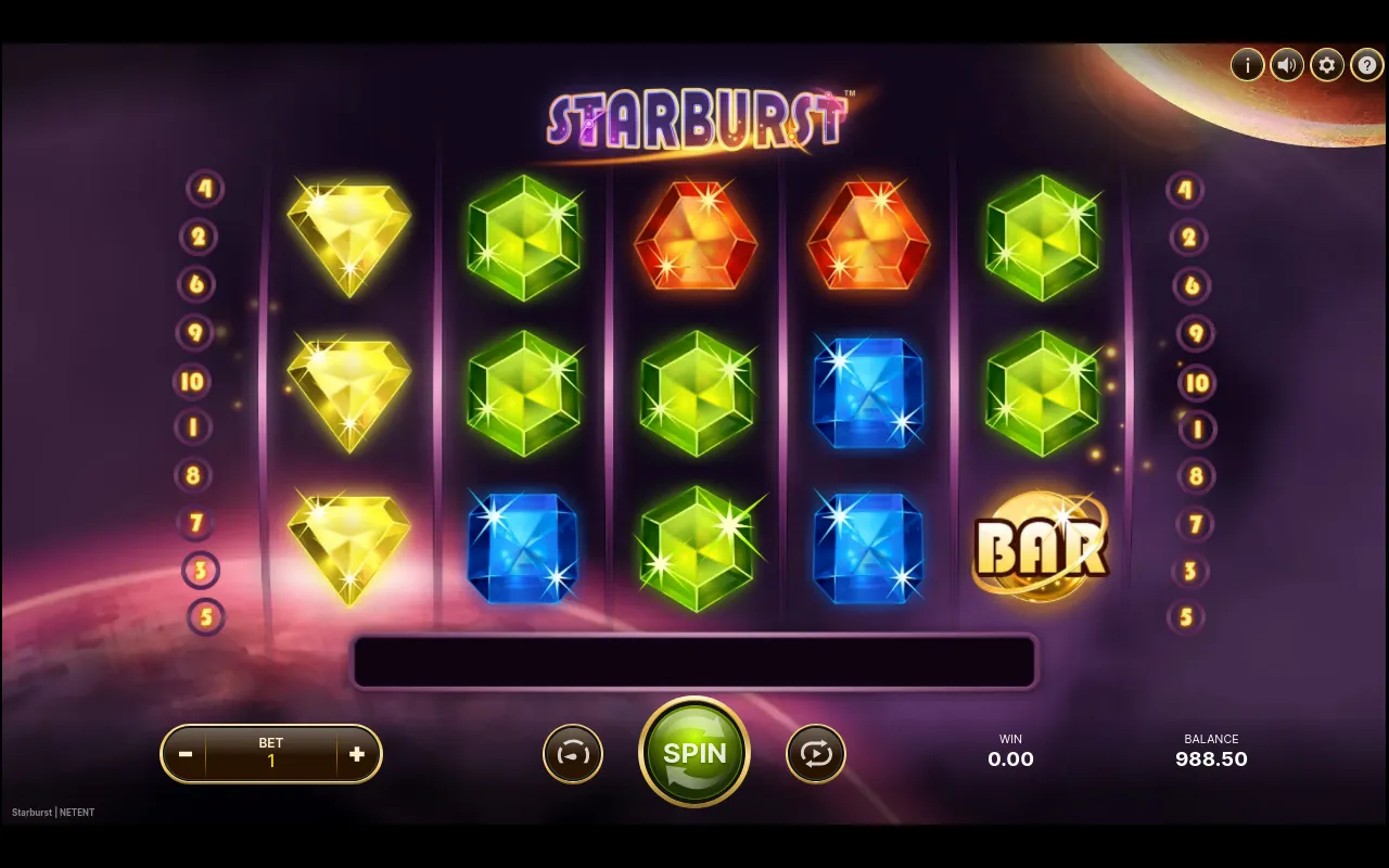 A settled grid dominated by green and yellow gems with a single BAR, showing the spread of low-pay gem symbols