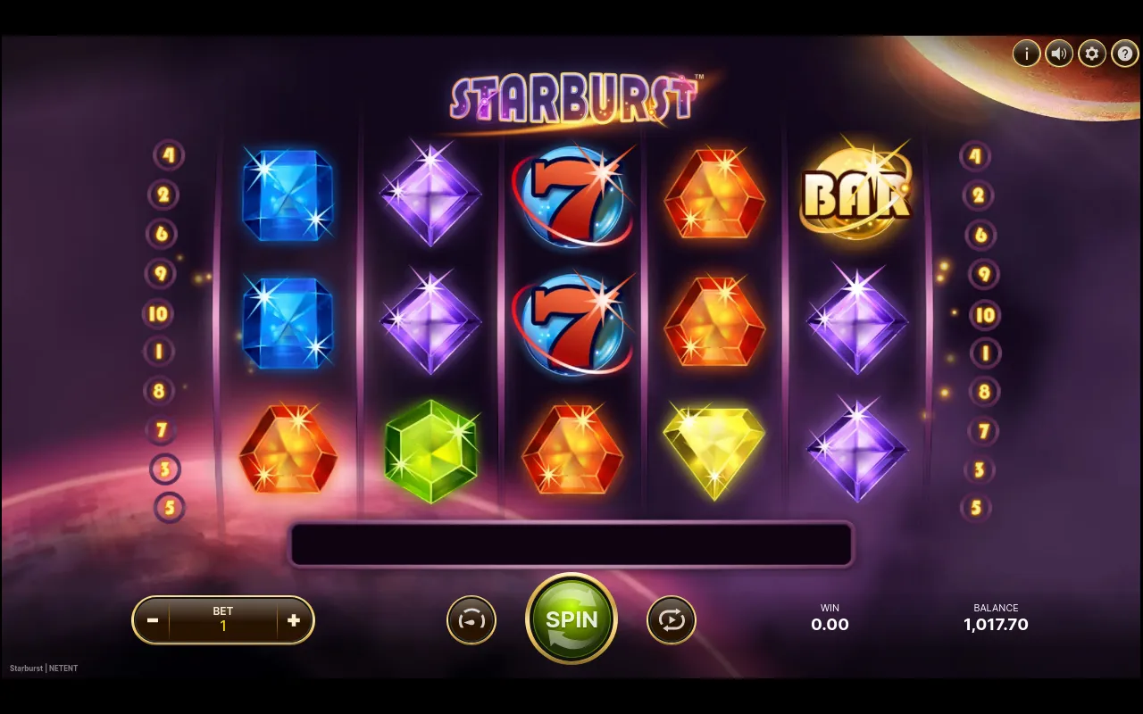 A mixed settled grid with purple and orange gems, a stacked red 7 on the centre reel and a BAR, showing the full symbol set