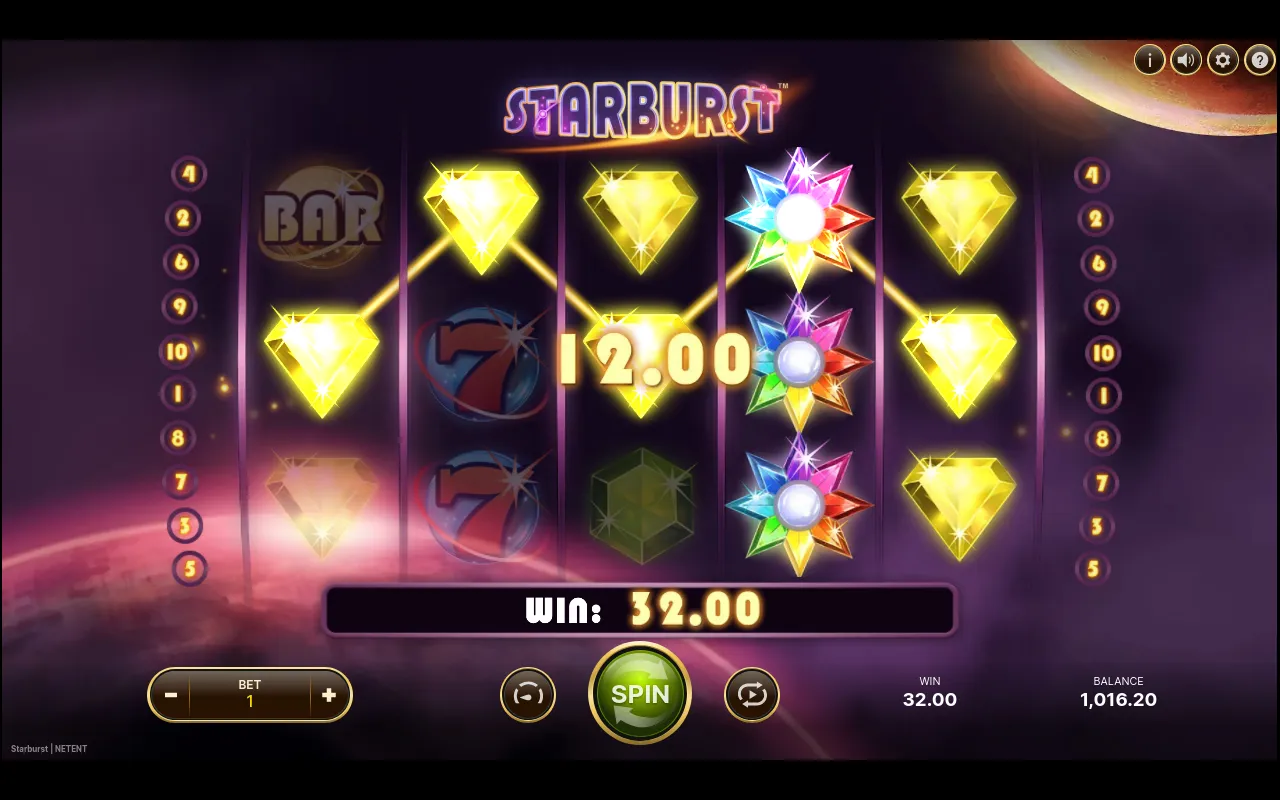 A 32.00 line win from a row of yellow diamonds with a stacked Starburst Wild on the fourth reel