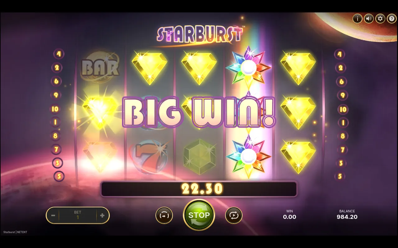 The 22.30 BIG WIN celebration screen with yellow diamonds and two expanded Starburst Wilds across the reels