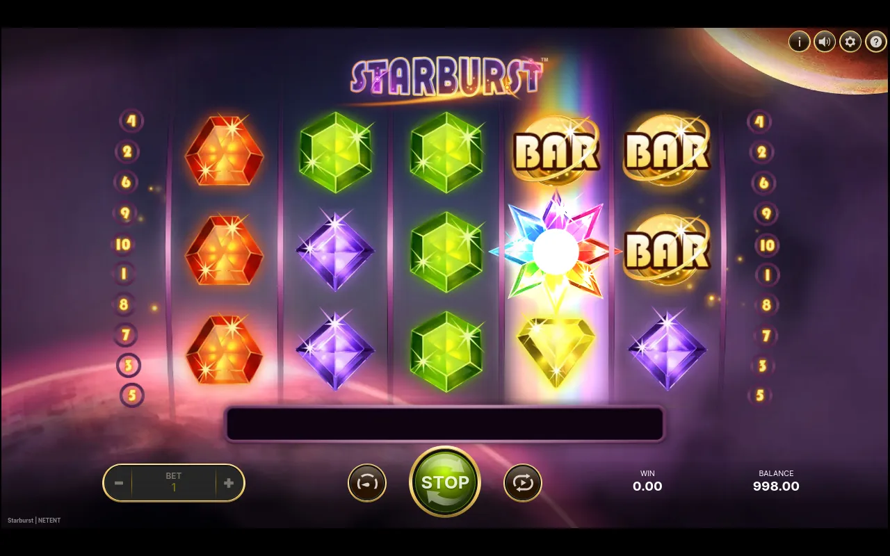 An expanded Starburst Wild on the centre reel sitting among BAR symbols and a yellow diamond on a winning spin