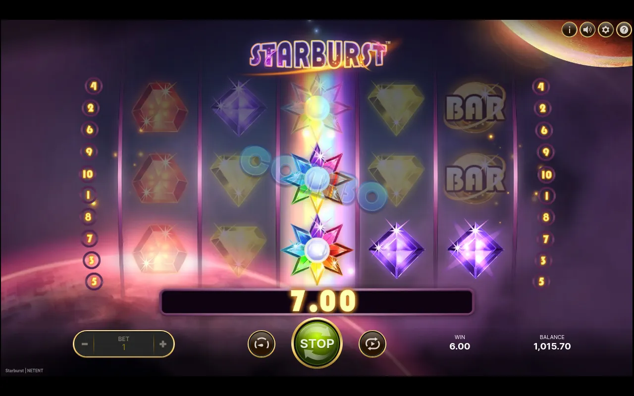 The Starburst Wild re-spin in progress with the centre reel locked and a 7.00 COMBO tally counting up