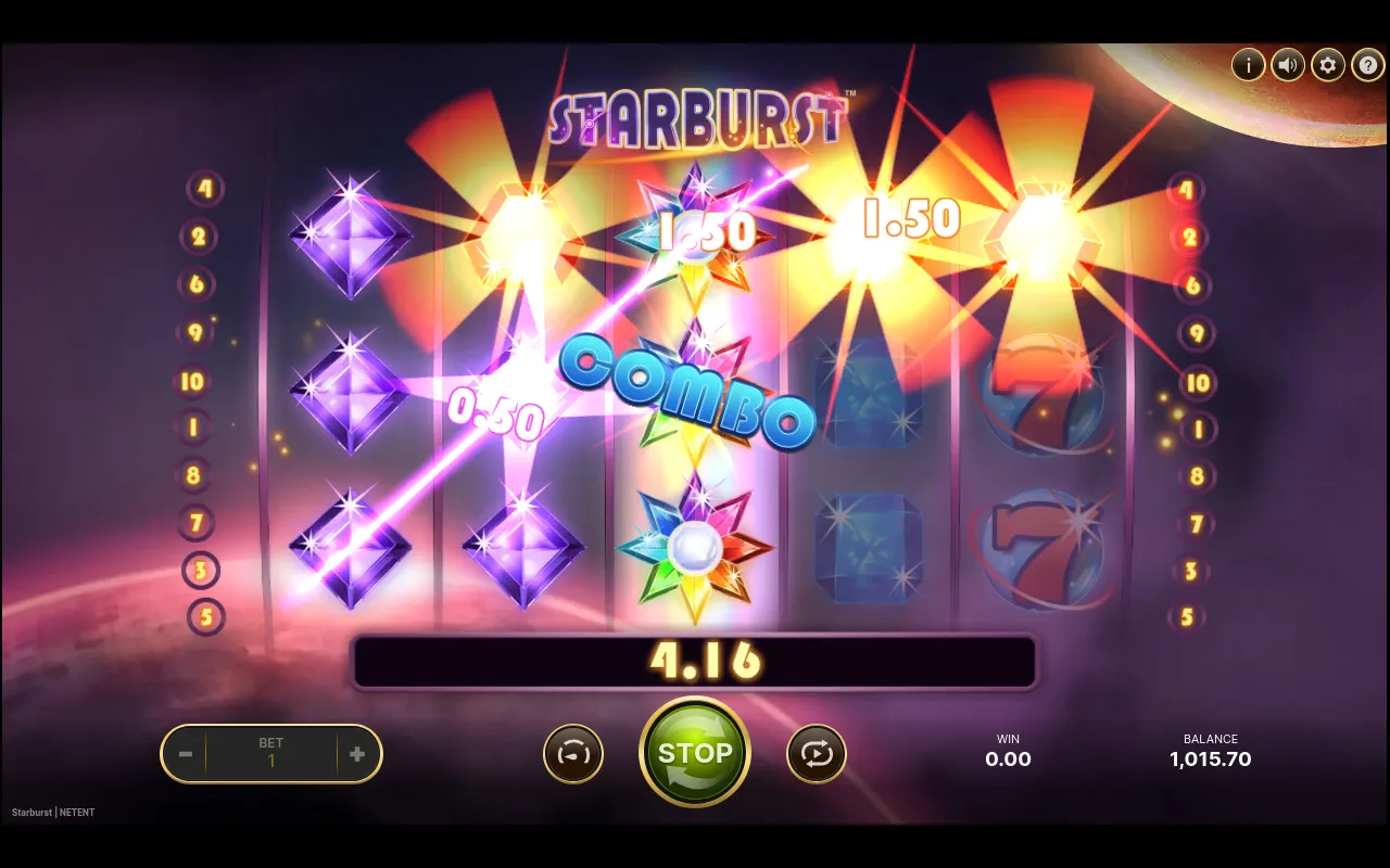 A 4.16 COMBO payout building as stacked Starburst Wilds chain through the re-spin sequence
