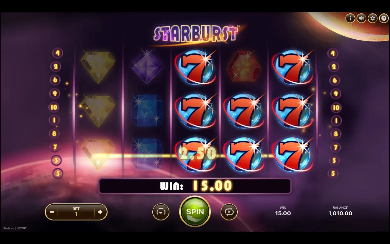 A 15.00 win from a cluster of red 7s, the top-paying symbol, lined up across the right reels