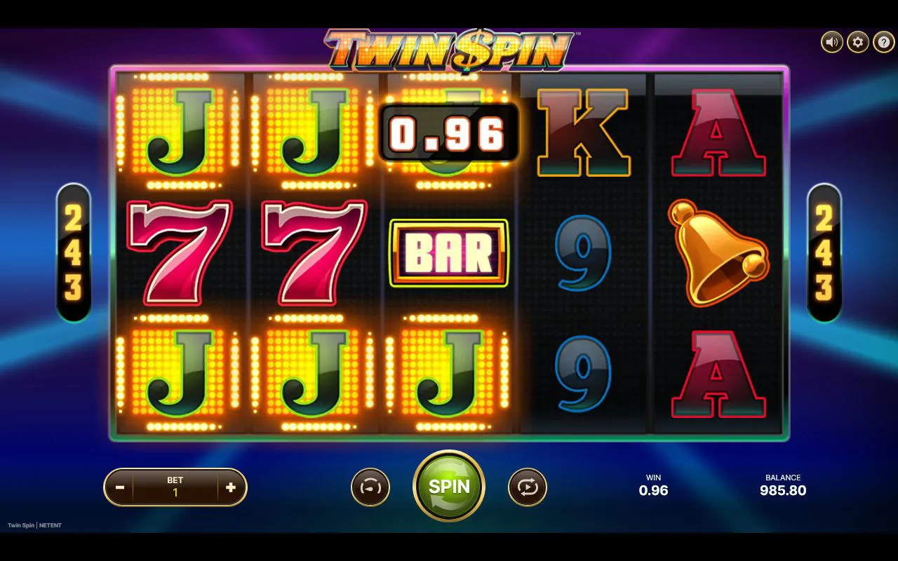 Three-reel link on reels 1-3 with red 7s and Js, 0.96 win