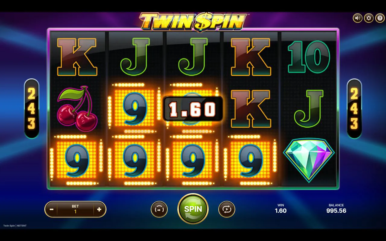 Full row of 9s across all five reels paying 1.60