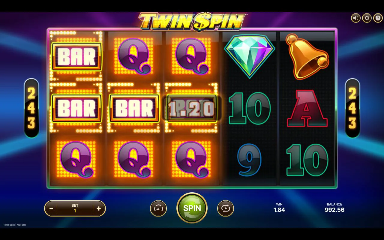 Three-reel link stacking BAR and Q symbols for a 1.84 win