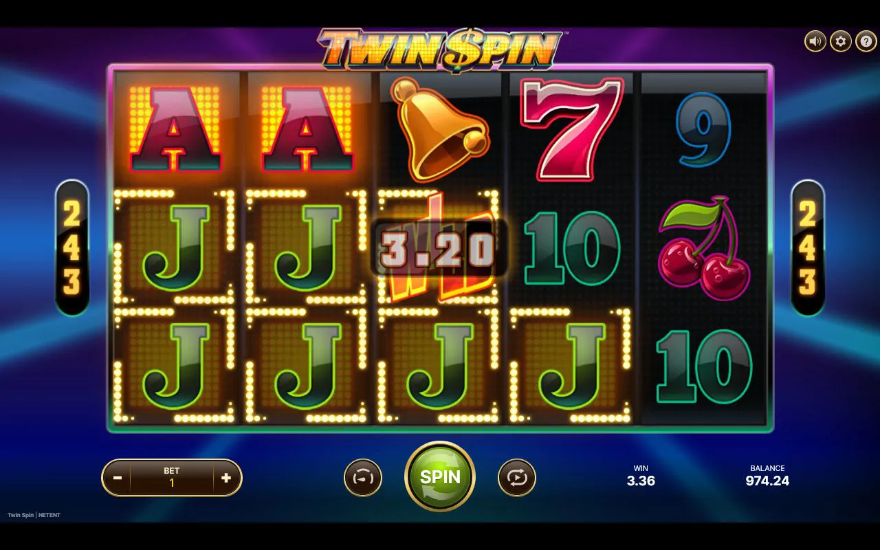 Four-reel twin link with stacked A and J symbols paying 3.36