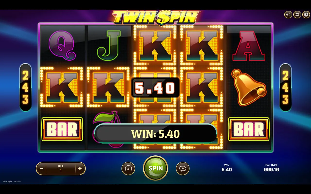 Multi-reel K block producing a 5.40 win with the balance near 999