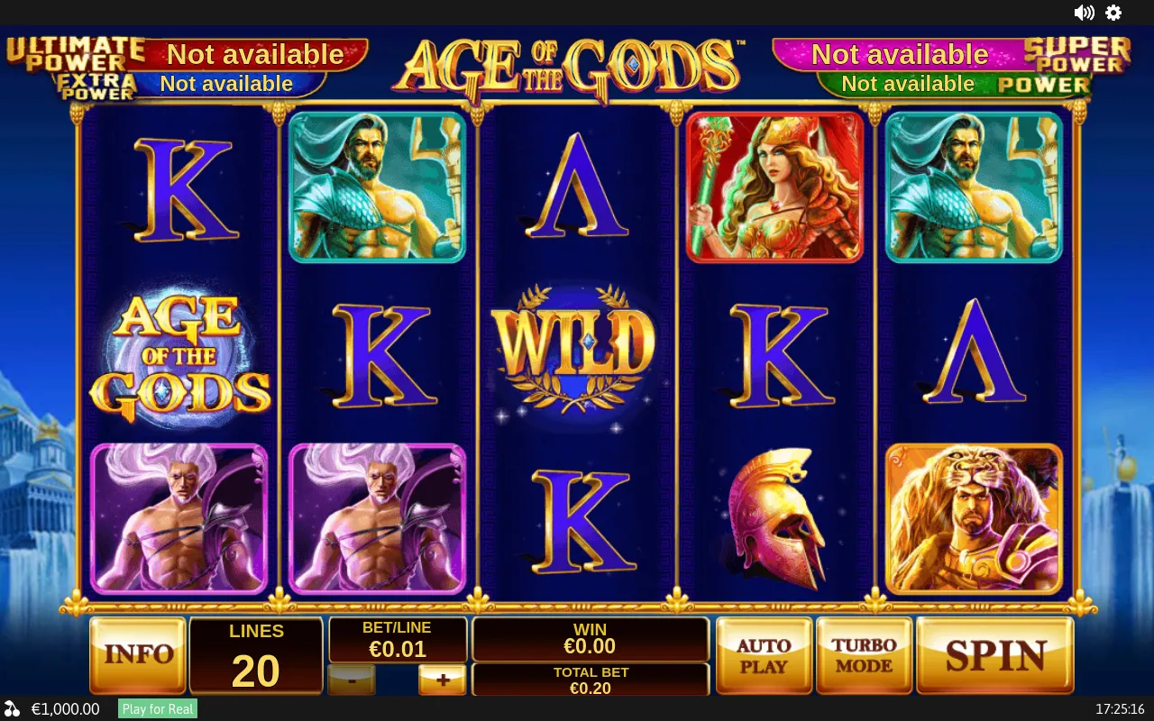 Age of the Gods loaded with the balance at €1,000.00 over a fresh 5x3 reel set