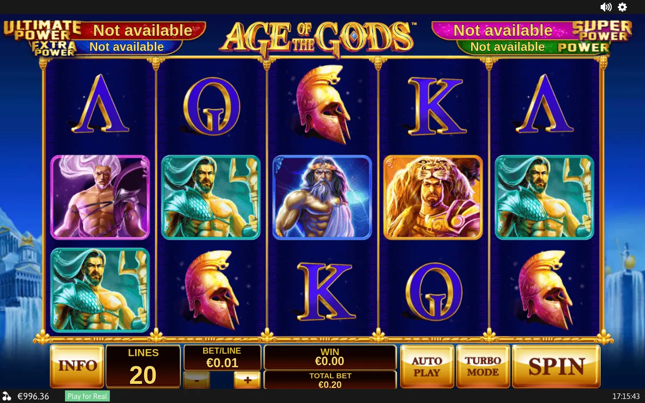 Zeus, Poseidon, Hercules and the goddess settled across the 5x3 grid above the lettered low symbols