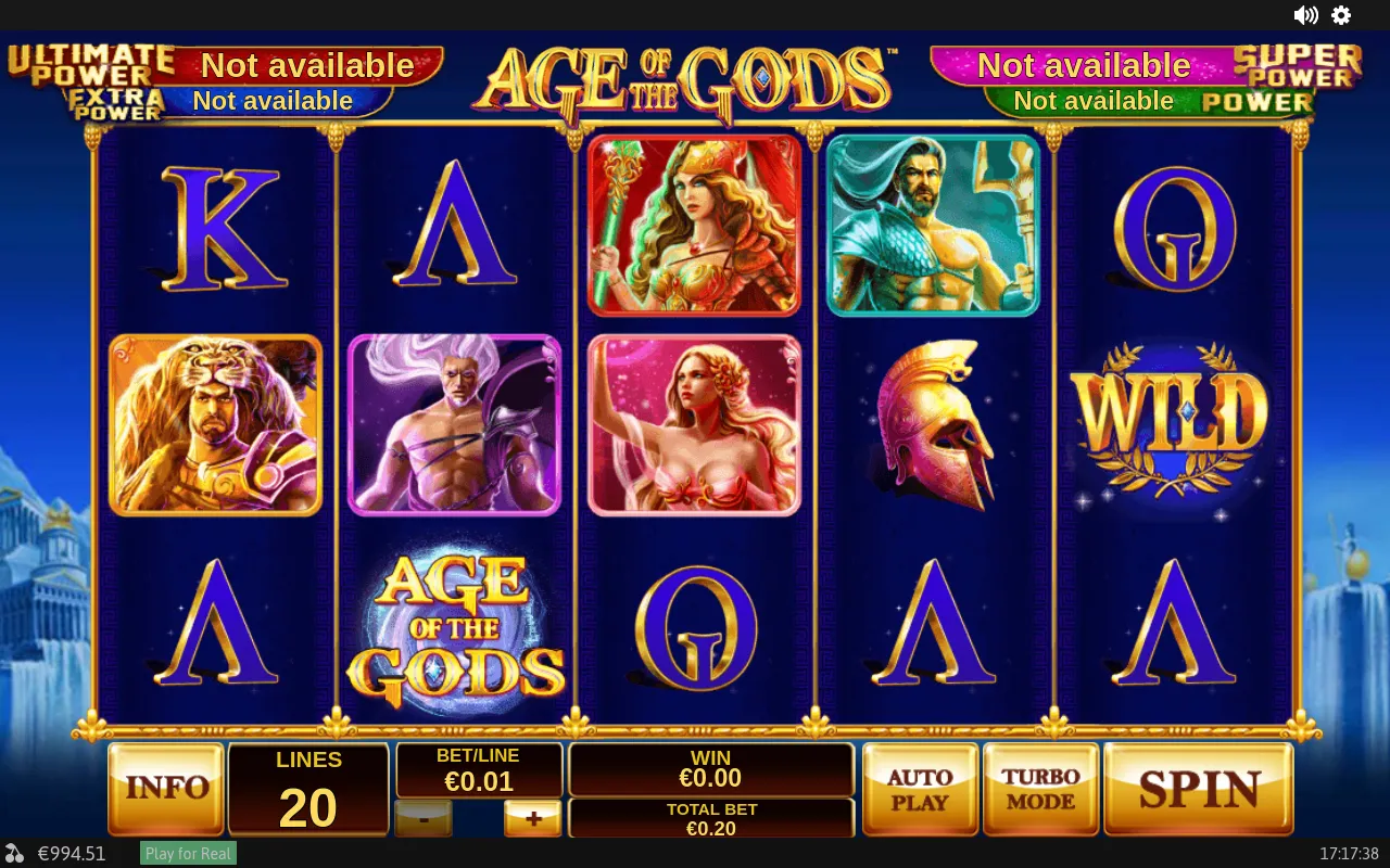 The gold-rimmed Age of the Gods logo scatter on the grid alongside a WILD wreath