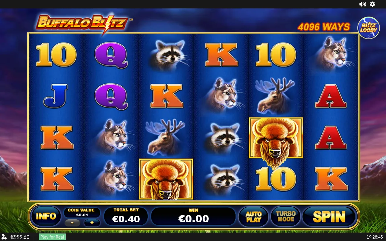 Settled 6x4 grid with a stacked Buffalo column on the rightmost reel and a €0.40 payout shown on a €0.40 bet
