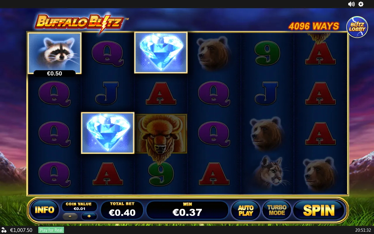 Twin Diamond symbols paired with a raccoon and €0.37 on the win bar