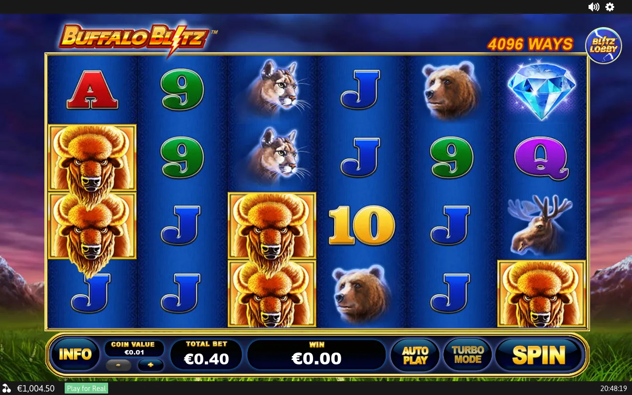 Buffalo stacks on reels 1 and 3 with a single Diamond on the rightmost reel and nothing matching across the middle