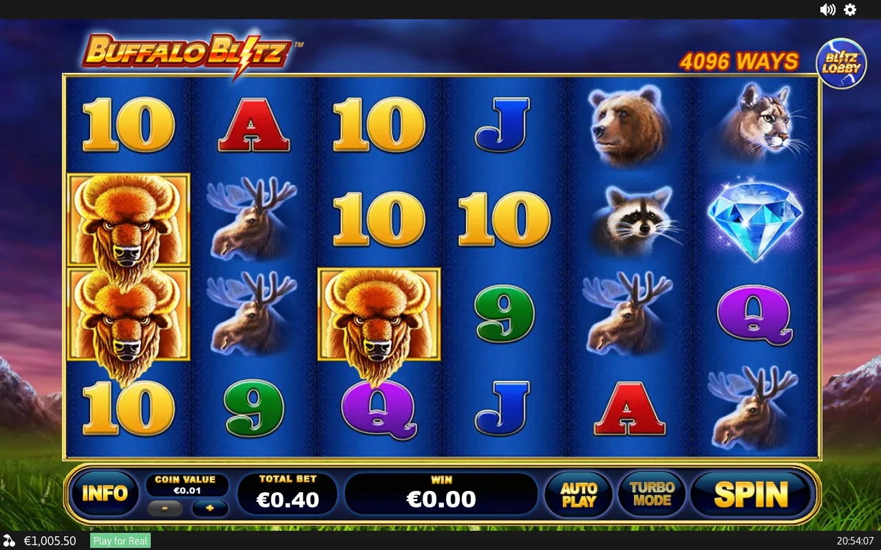 Buffalo stacked on reel 1 with moose and bear in the centre columns and a Diamond on the rightmost reel