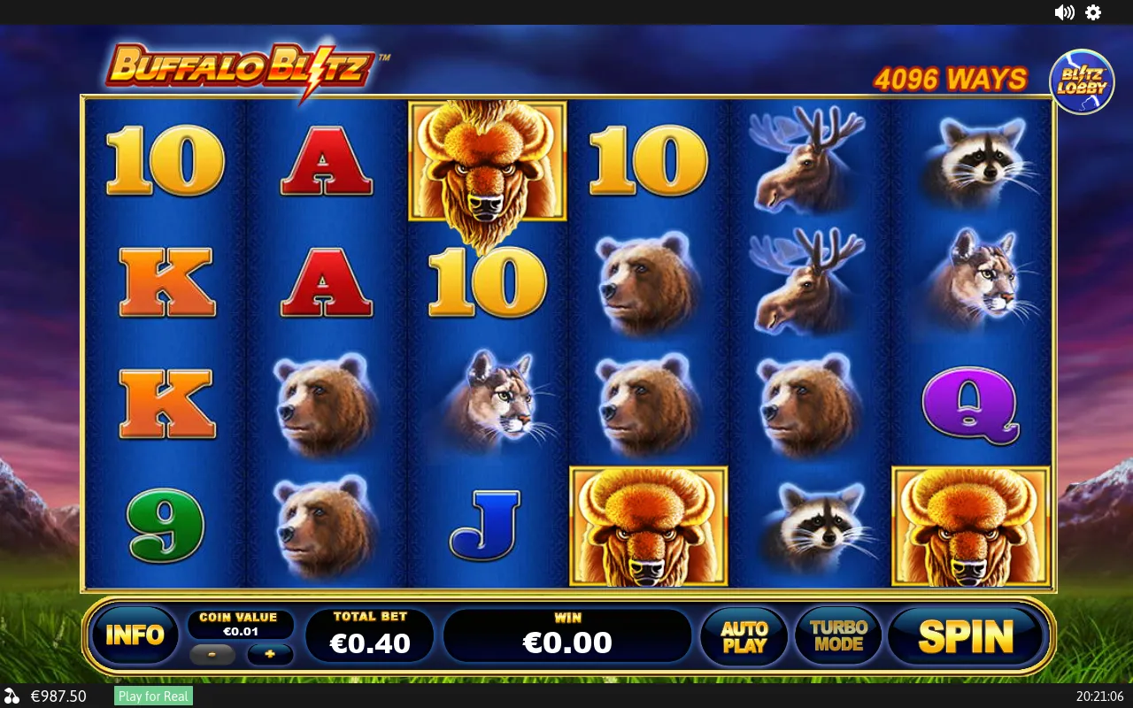 Buffalo wilds on reels 3, 5 and 6 over a centre board of bears, moose and raccoons