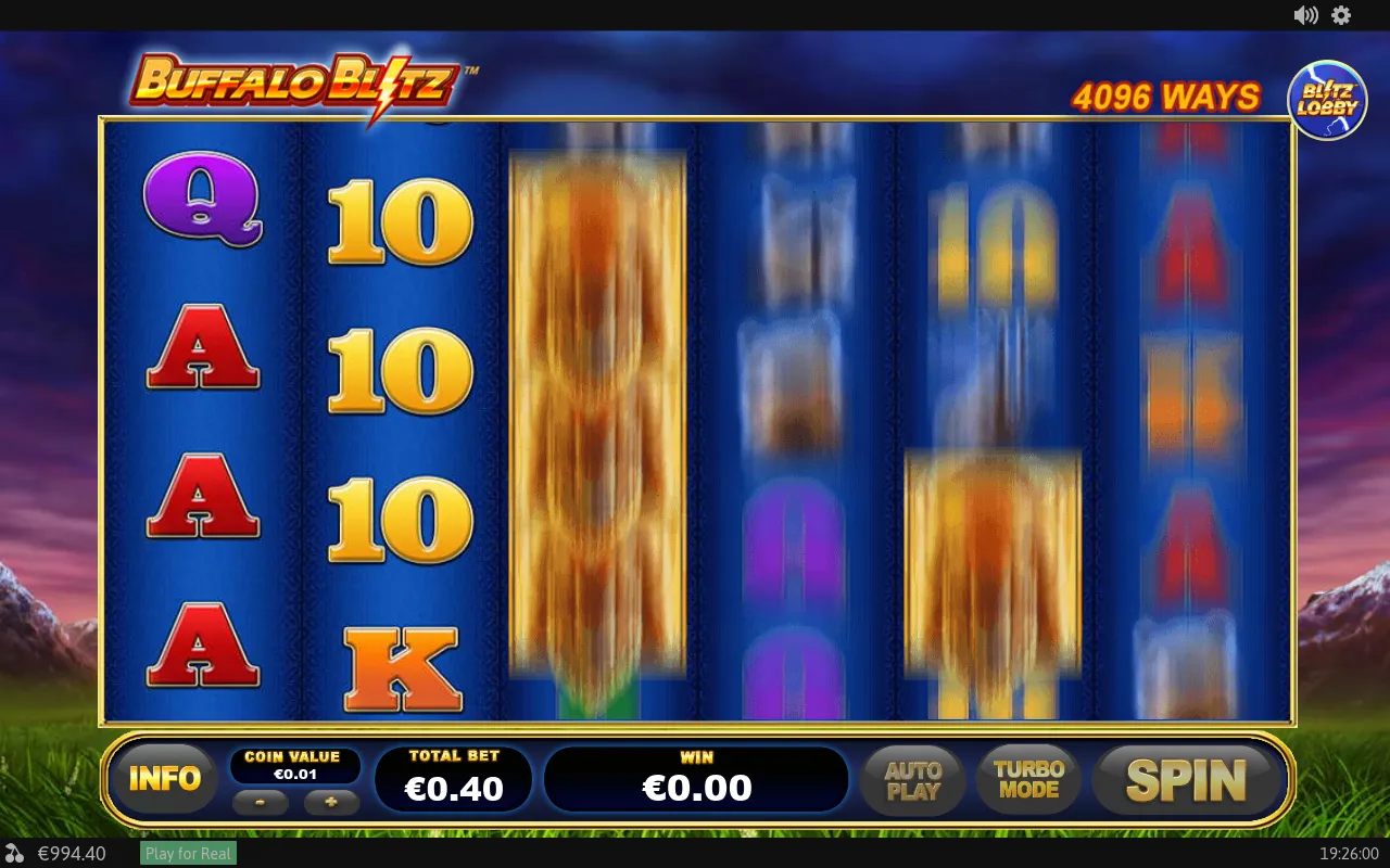 The six reels caught mid-spin with golden Buffalo symbols streaking downward across the grid