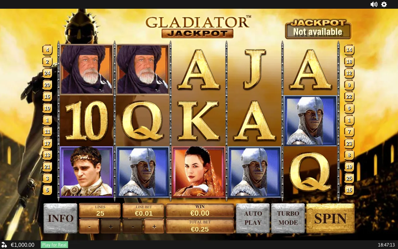 Gladiator 5x3 grid at launch with the balance reading €1,000.00 and €0.25 total stake displayed