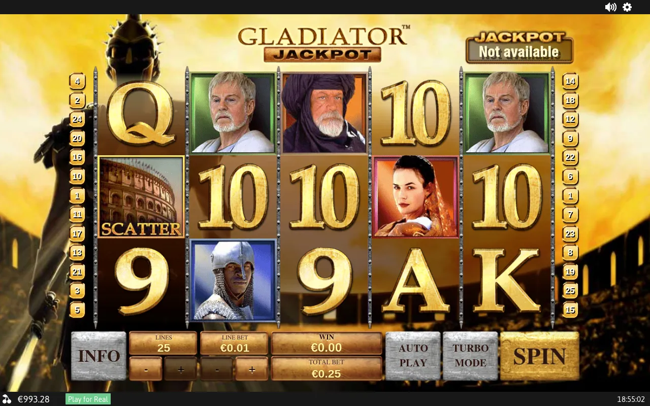 Settled base-game grid with the Colosseum Scatter on reel one beside a spread of 9, 10 and character symbols